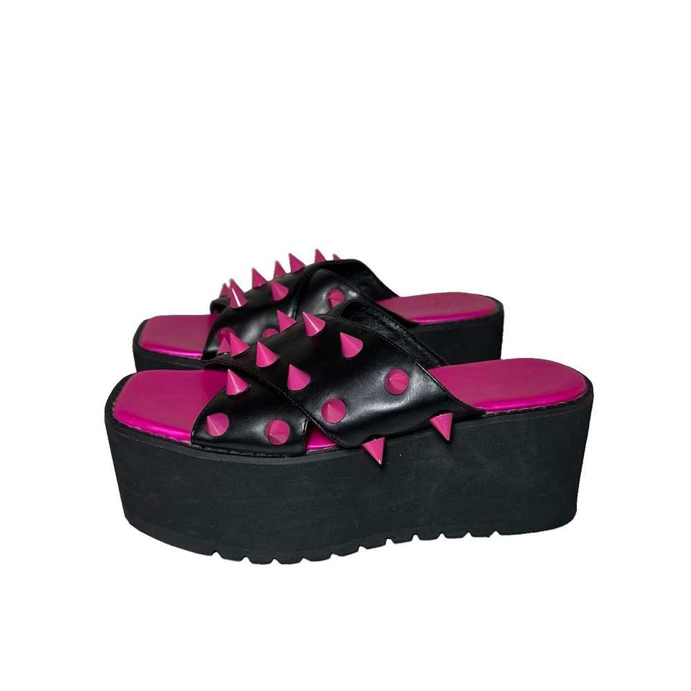 Widow 9 Hottie Leave Me Alone Pink Studded Black Platform Chunky Sandals Goth
